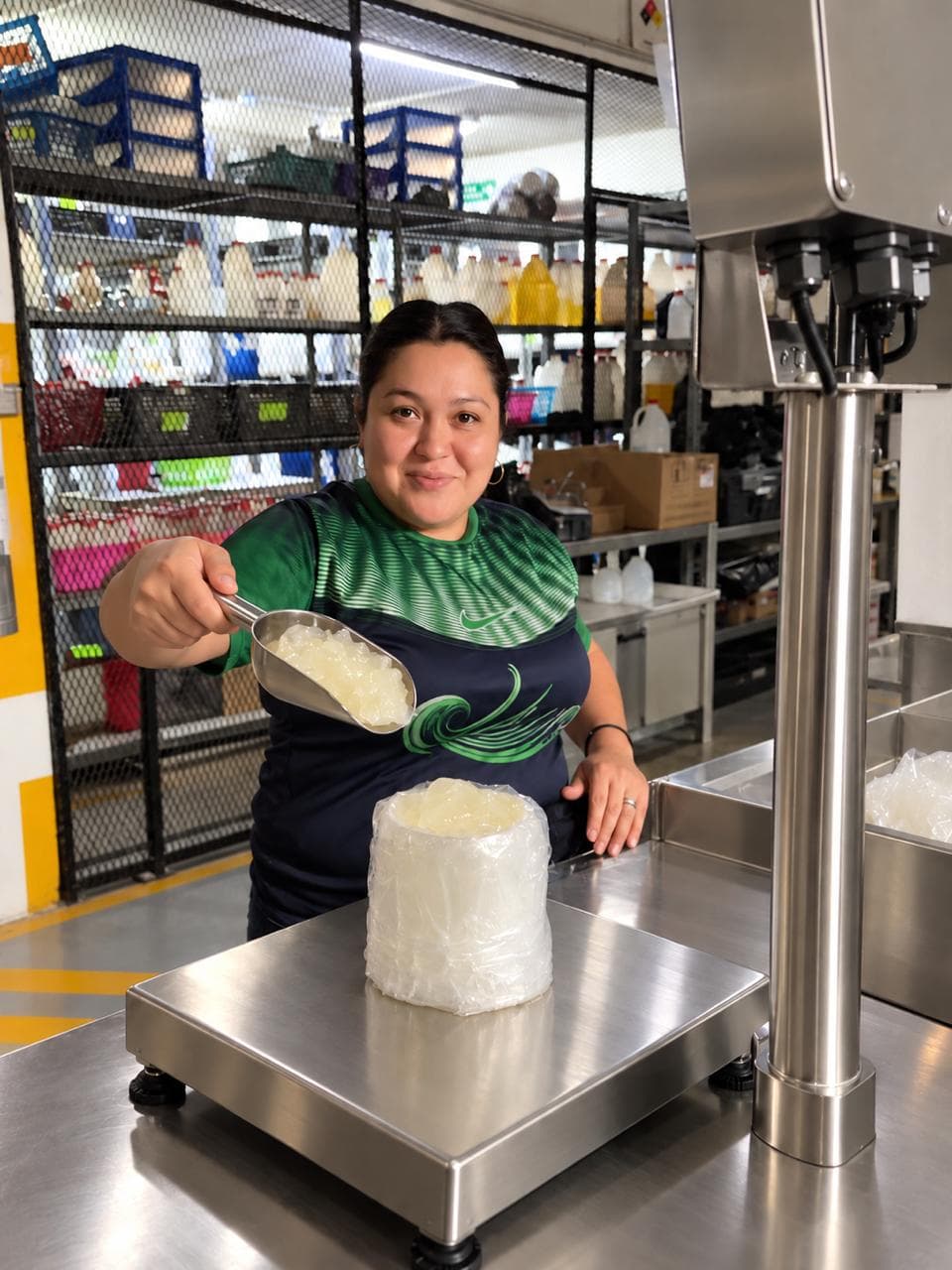 Colaboradora pesando materia prima en bodega — R Química